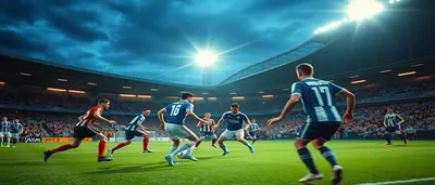 A tense moment on a lush green pitch, two anonymous players locked in a duel: a Sarpsborg 08 midfielder in plain blue kit...