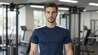 A focused 30-year-old male physical trainer in a navy blue and white training kit, standing in a modern indoor training...