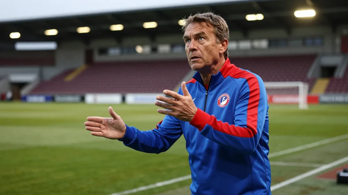 A 35-year-old, 5'10" Sarpsborg 08 coach, dressed in a blue and red striped training top made of lightweight, breathable...
