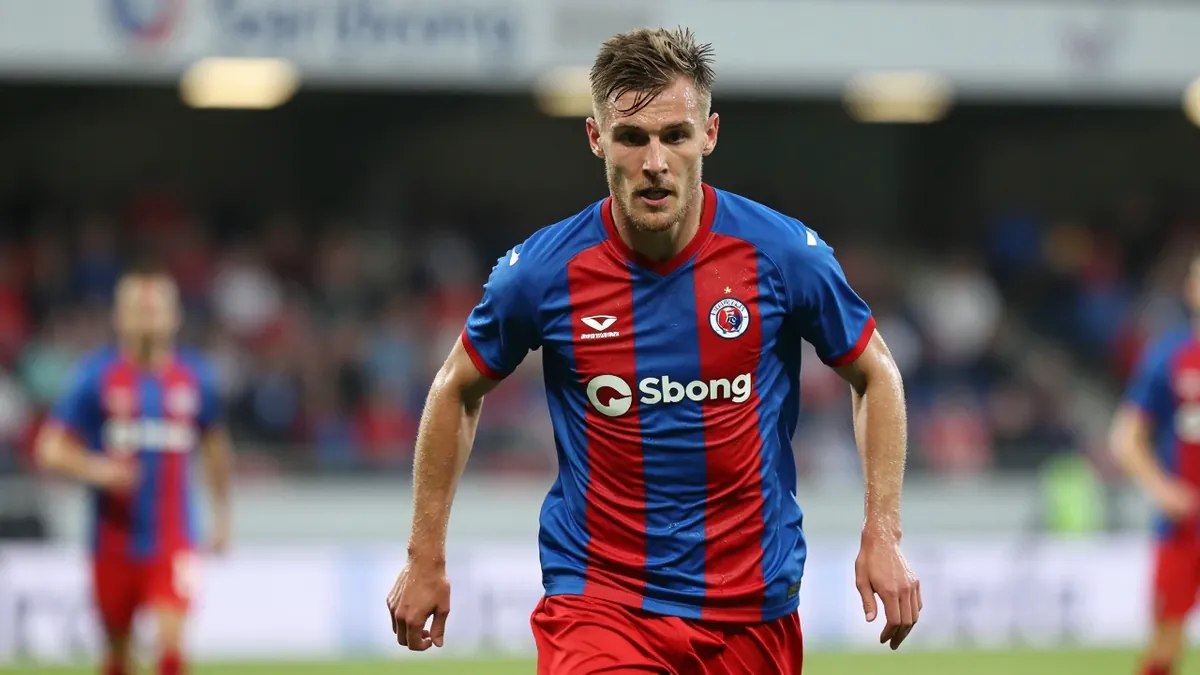 A Sarpsborg 08 midfielder in his late 20s, lean and focused, captured in a tight waist-up shot as he sprints down the...