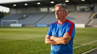 A 45-year-old, ruggedly-built assistant coach, with a weathered face and graying hair, stands on the edge of the...